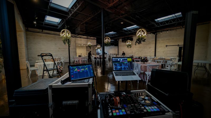DJ booth setup at an elegant wedding venue