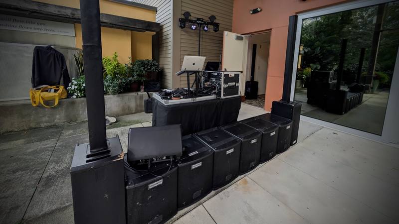 Modern column array speaker systems ready for load-in